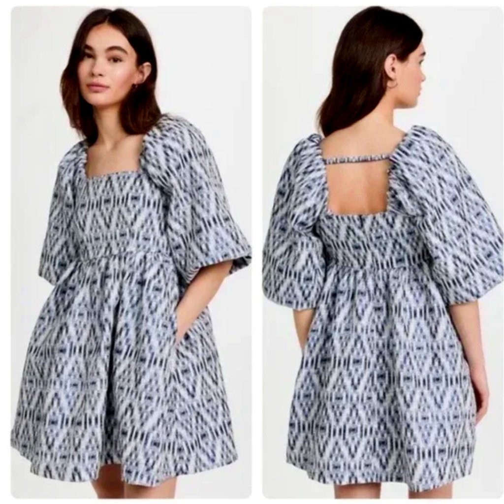 Munthe Chew Blue Ikat Puff Sleeve Babydoll Minidress Size 8 Medium With Pockets
